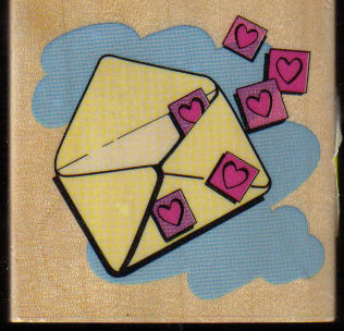 Red Hearts floating out envelope W/M rubber stamp